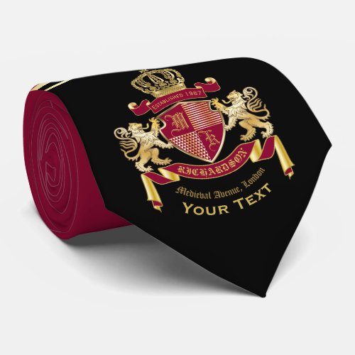 Monogram Coat of Arms Red Gold Lion Crown Emblem Neck Tie