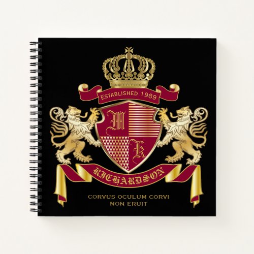 Monogram Coat of Arms Red Gold Lion Crown Emblem Notebook