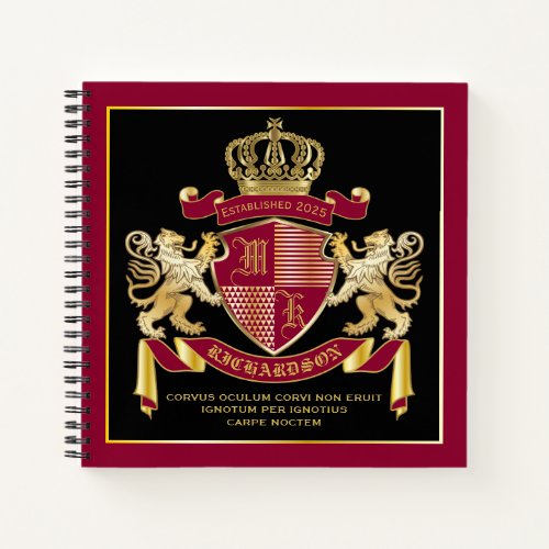 Monogram Coat of Arms Red Gold Lion Crown Emblem Notebook
