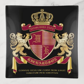 Monogram Coat Of Arms Red Gold Lion Crown Emblem Trinket Tray by BCVintageLove at Zazzle