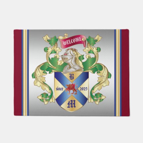 Monogram Coat of Arms Silver Knight Shield Dragon Doormat