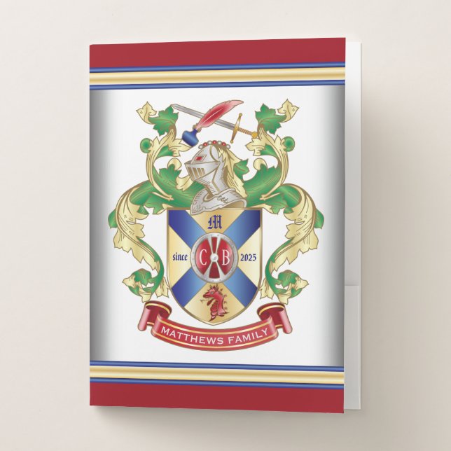 Monogram Coat of Arms Silver Knight Shield Dragon Pocket Folder (Front)