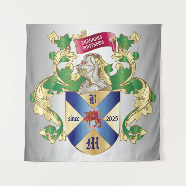 Monogram Coat of Arms Silver Knight Shield Dragon Tapestry (Front)