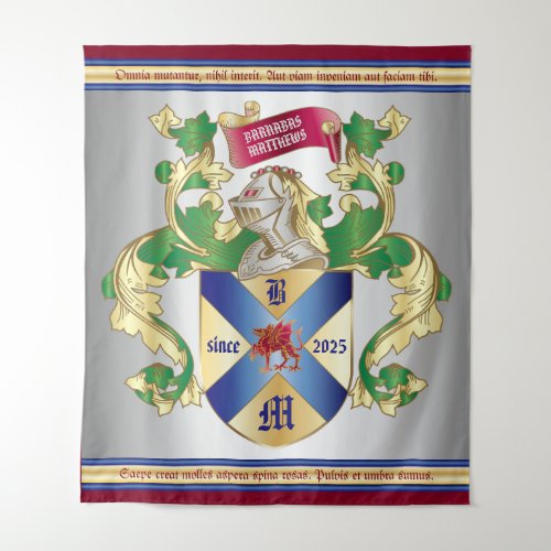 Monogram Coat of Arms Silver Knight Shield Dragon Tapestry