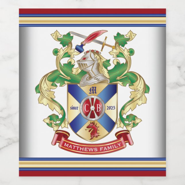 Monogram Coat of Arms Silver Knight Shield Dragon Wine Label (Single Label)