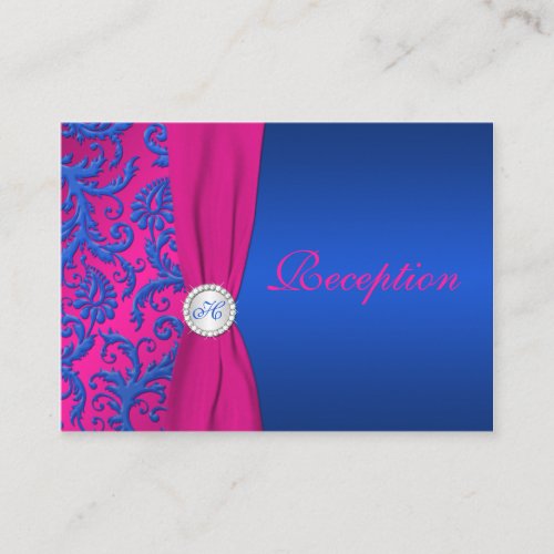 Monogram Cobalt and Fuchsia Damask Enclosure Card Business Card