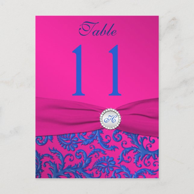 Monogram Cobalt and Fuchsia Damask Table Number (Front)