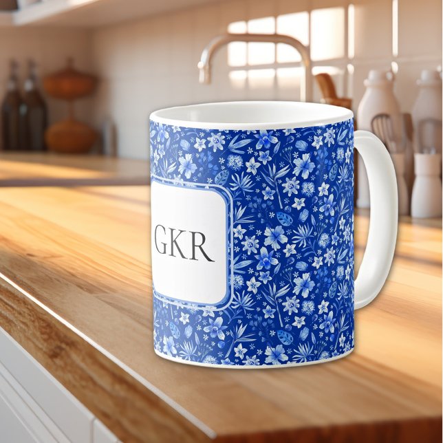Monogram Cobalt Blue Flowers & Leaves Pattern 11oz Coffee Mug (Creator Uploaded)