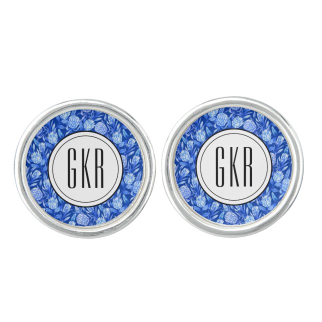 Monogram Cobalt Blue Tropical Flower SS Plated Cufflinks (Front)