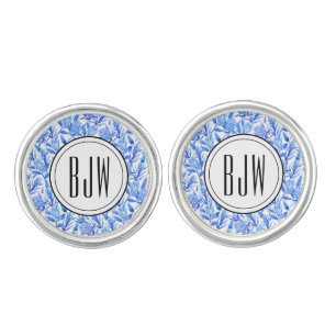 Monogram Cobalt Blue Tropical Flower SS Plated Cufflinks