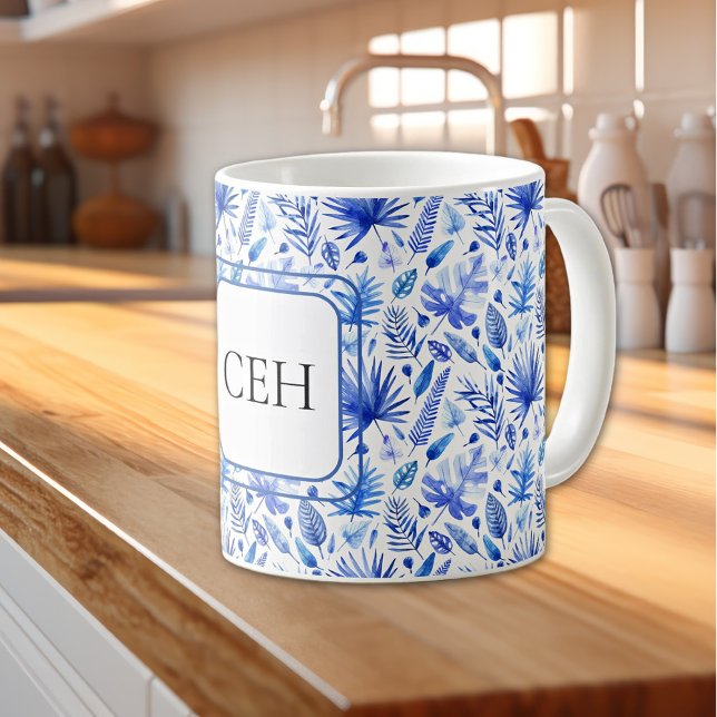 Monogram, Cobalt Blue Tropical Leaves Pattern 11oz Coffee Mug (Creator Uploaded)
