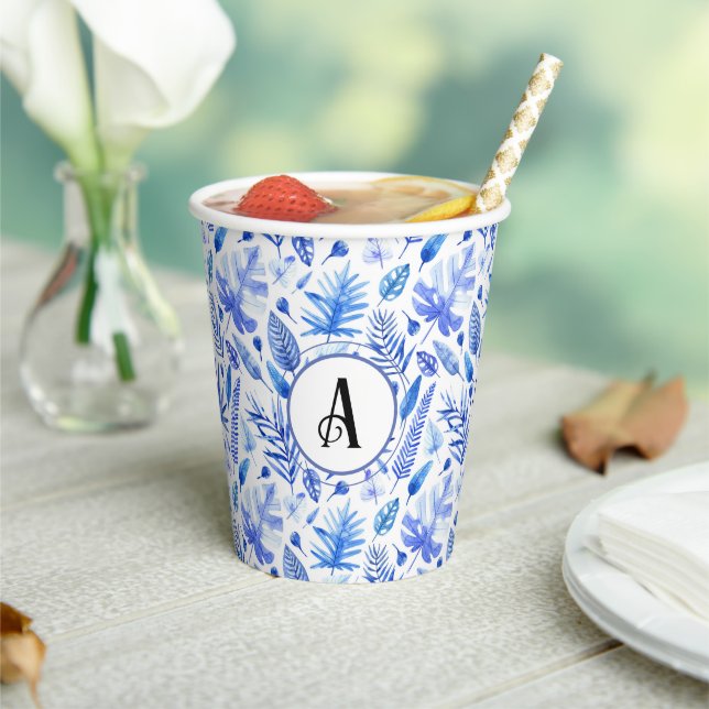 Monogram, Cobalt Blue Tropical Leaves Pattern 8oz Paper Cups (Insitu)