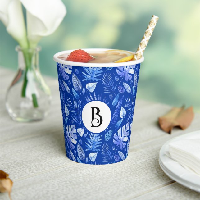 Monogram, Cobalt Blue Tropical Leaves Pattern 8oz Paper Cups (Insitu)