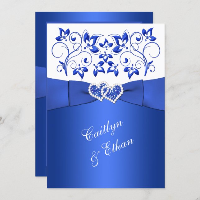 Monogram Cobalt Blue, White Floral Wedding Invite (Front/Back)