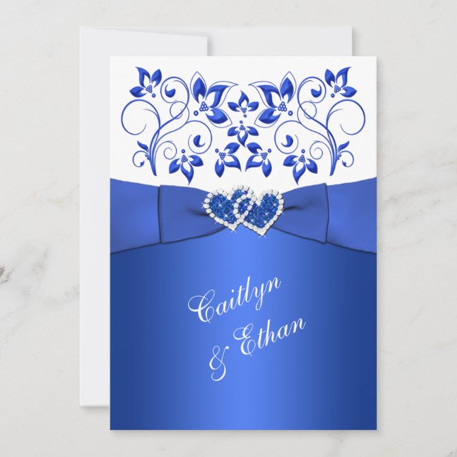 Monogram Cobalt Blue, White Floral Wedding Invite (Front)