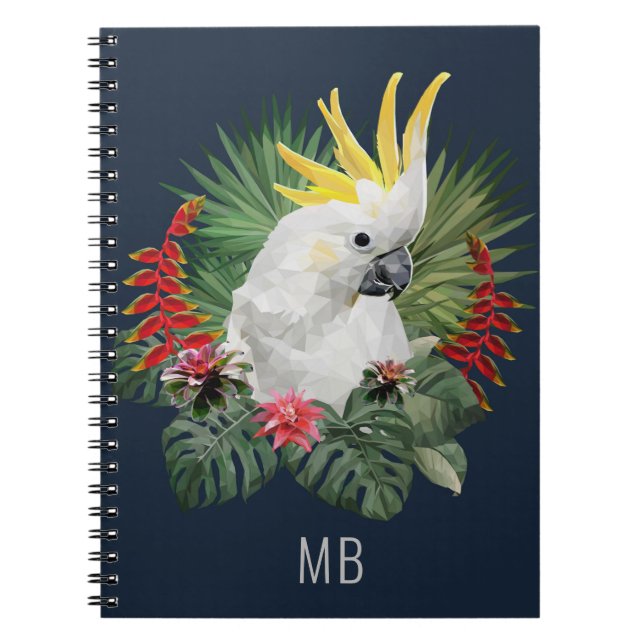 Monogram Cockatoo Bird Tropical Flowers Stylish Notebook (Front)