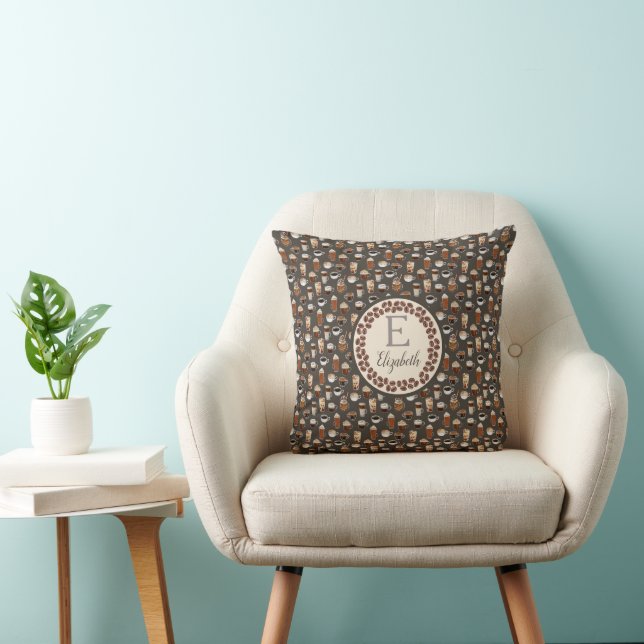Monogram Coffee Lover Fall Throw Pillow (Chair)