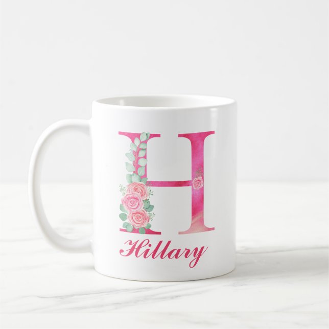 Monogram Coffee Mug - Initial H Pink Floral Mug (Left)