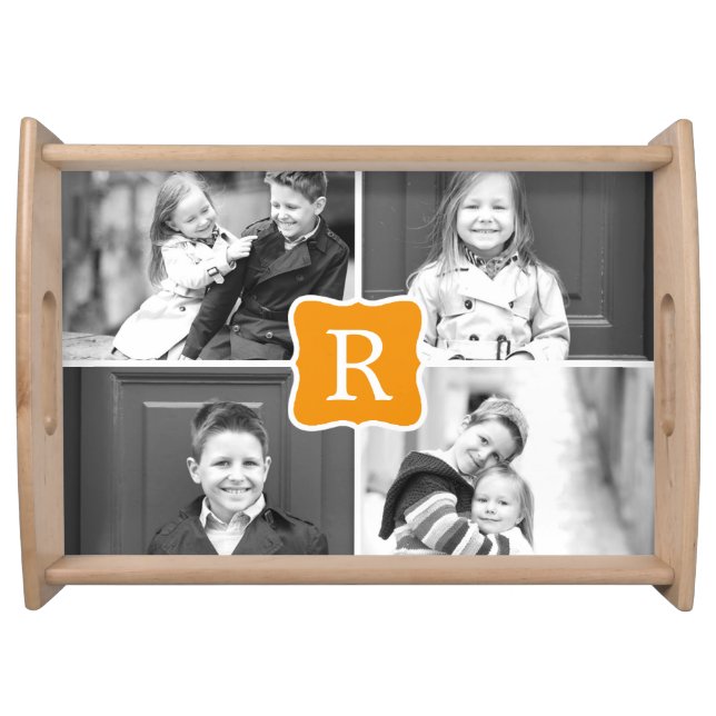 Monogram Collage Photo Serving Tray - Orange (Front)