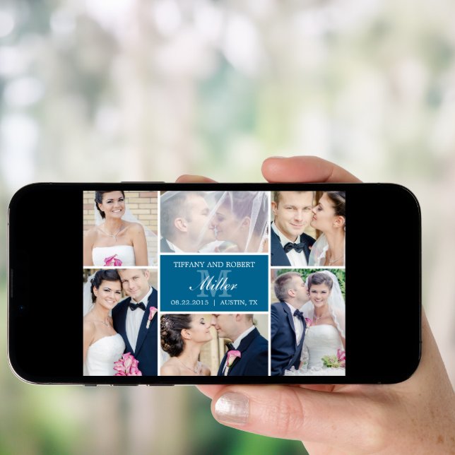 Monogram Collage Wedding Announcement - Blue (Front Digital)