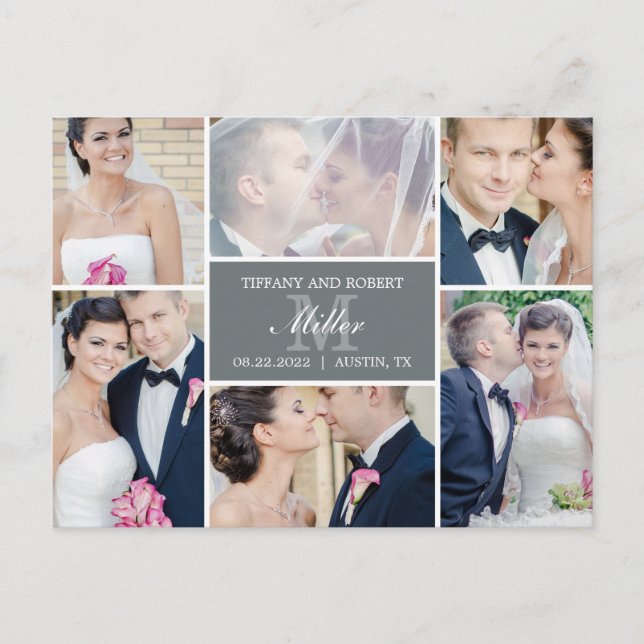 Monogram Collage Wedding Announcement - Gray Postcard (Front)