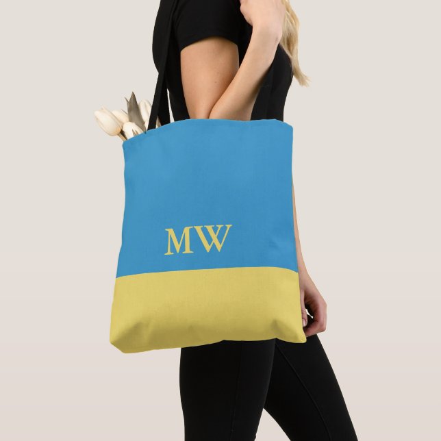 Monogram Color Block Tote Bag Sky Blue & Yellow (Close Up)