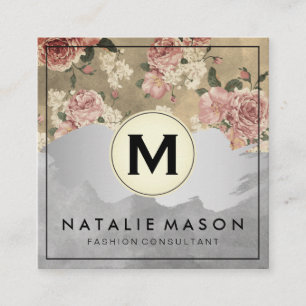 Monogram Color Blocks Vintage Floral Pattern II Square Business Card