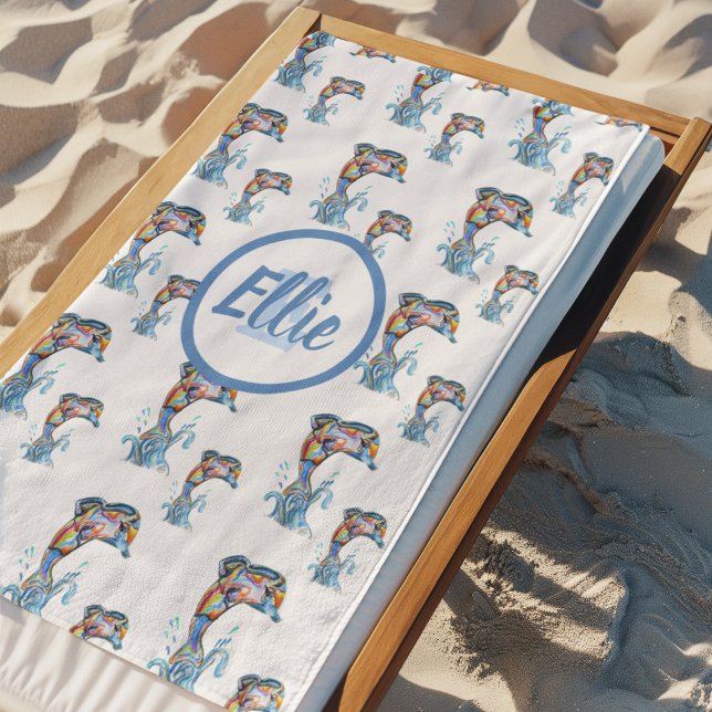 Monogram Color Pencil Dolphins Pattern Beach Towel (Creator Uploaded)