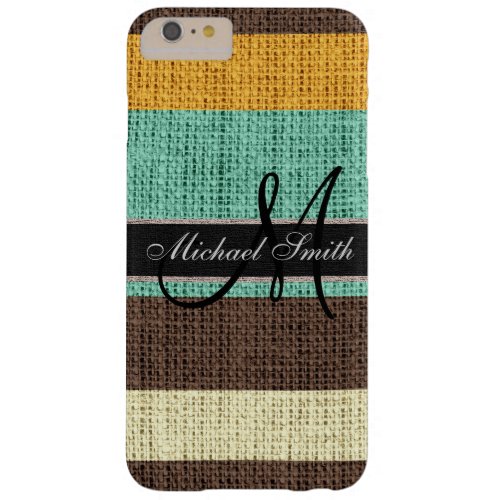 Monogram Colored Stripes Burlap Rustic Jute 2 Barely There iPhone 6 Plus Case