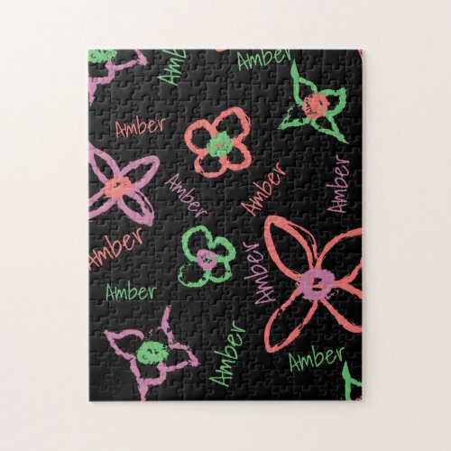 Monogram Colorful Abstract Flowers Jigsaw Puzzle