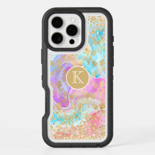 Monogram Colorful Abstract Gold Glitter Floral iPhone 16 Pro Max Case