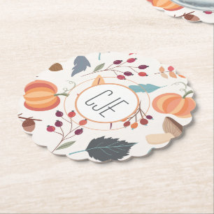 Monogram, Colorful Autumn Pattern Scallop Paper Coaster