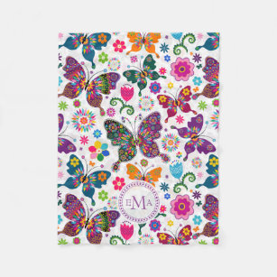 Monogram Colorful Butterflies & Flowers Pattern Fleece Blanket