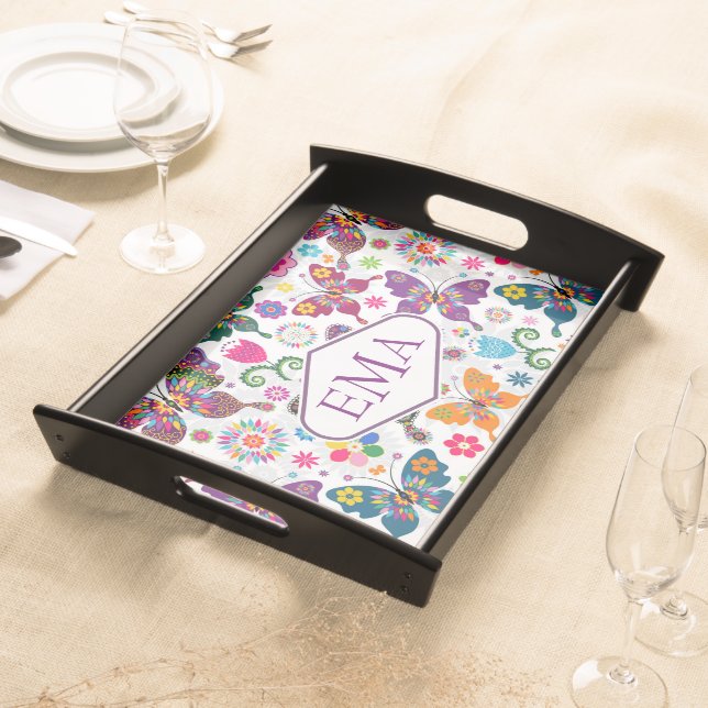 Monogram Colorful Butterflies & Flowers Pattern Serving Tray (Front)