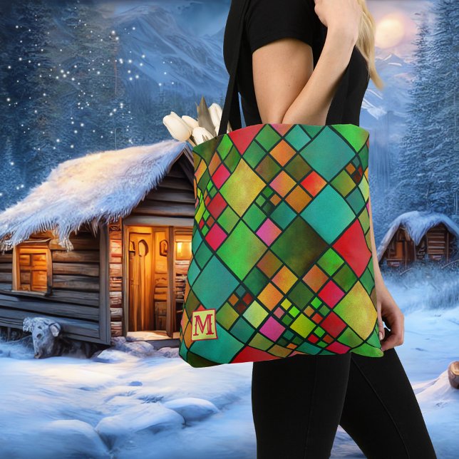 Monogram Colorful Checkered Pattern Tote Bag (Creator Uploaded)
