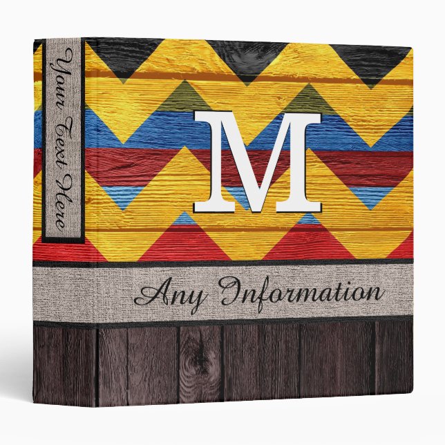 Monogram Colorful Chevron Pattern Look Wood #10 Binder (Front/Spine)