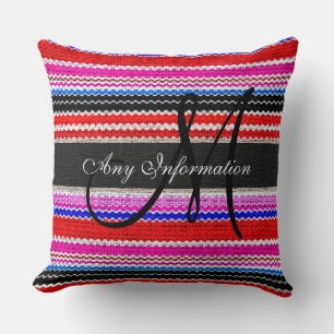 Monogram Colorful Chevron Stripes Burlap Rustic Throw Pillow