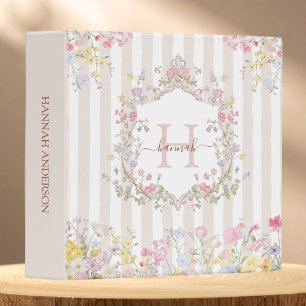 Monogram Colorful Floral Rococo Style Stripes 3 Ring Binder