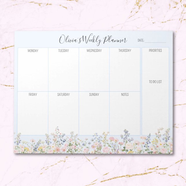 Monogram Colorful Flower Floral Weekly Planner Notepad (Close up)