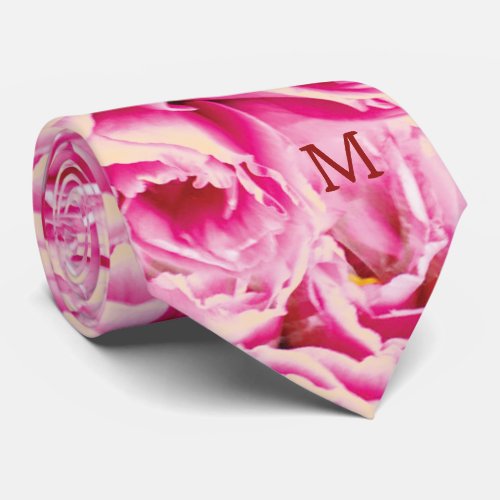 Monogram colorful flowers pattern pink Neck Tie