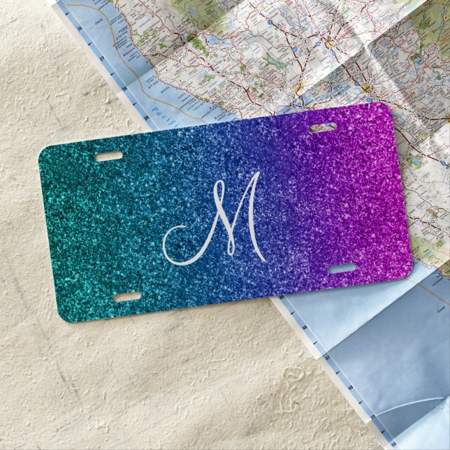 Monogram Colorful Glitter look Pink Purple  License Plate (In Situ)