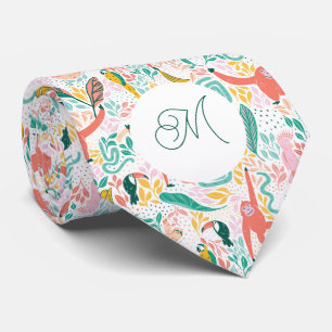 Monogram Colorful Happy Jungle Animals Pink Neck Tie