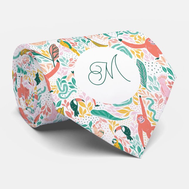 Monogram Colorful Happy Jungle Animals Pink Neck Tie (Rolled)