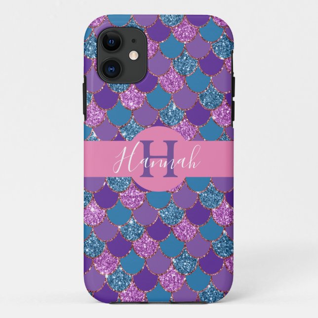 Monogram - Colorful Mermaid Glitter Design - Case-Mate iPhone Case (Back)