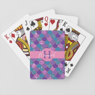 Monogram/Colorful Mermaid Glitter Playing Cards