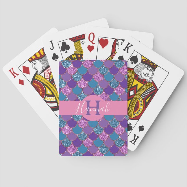 Monogram/Colorful Mermaid Glitter Poker Cards (Back)