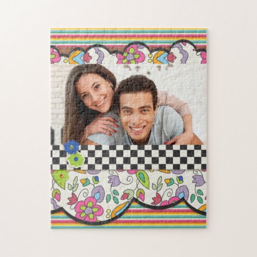 Monogram Colorful Modern Floral Personalized Photo Jigsaw Puzzle