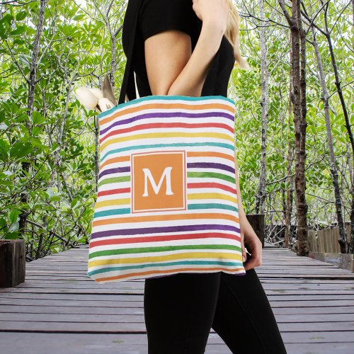 Monogram colorful modern stripes pattern tote bag