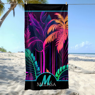 Monogram Colorful Neon Black Tropical Palm Beach Beach Towel