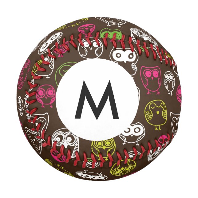 Monogram Colorful owl doodle background pattern Baseball (Front Left)